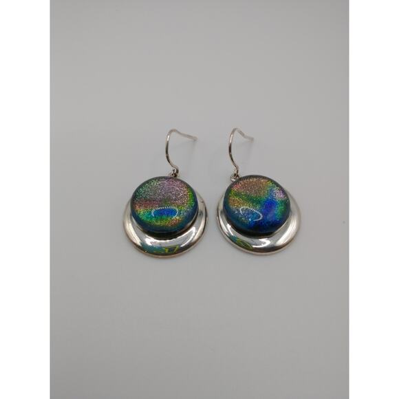 Fused glass round dangle iridescent earrings silver tone pretty shimmer - Picture 3 of 9